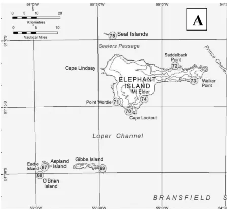 Figura  2:  A.  Localização  da  Ilha  Elefante  e  demais  Important  Birds  Areas  (IBA’S)