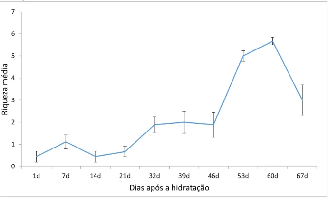 Figura 2 b) Riqueza média ao longo do experimento nos hidroperíodos curto, médio e longo  (HC, HM e HL), após a hidratação do sedimento das áreas úmidas de altitude