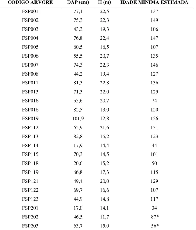 Tabela 1. Descrição dos indivíduos amostrados na FLONA-FSP. A idade estimada provém de  estudo  dendrocronológico  prévio  (OLIVEIRA,  PILLAR,  ROIG,  2010),  exceto  FSP202  e  FSP203,  cuja  estimativa  foi  baseada  na  contagem  dos  aneis  de  crescim