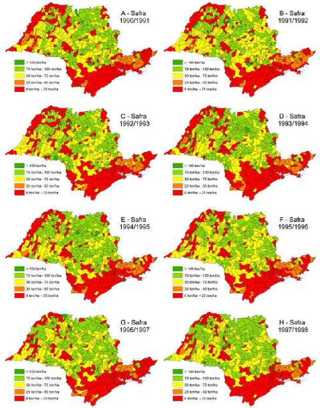 Figura 8 - Mapas de produtividade observada, gerados a partir de dados do IBGE, entre  as safras de 1990/1991 e 2005/2006                    (continua) 