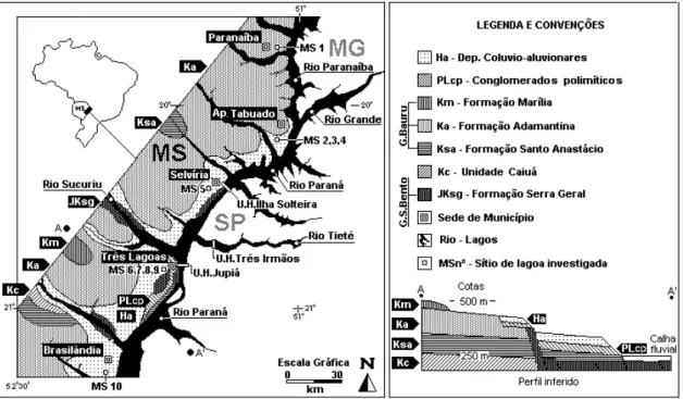 Figura 2.1 - Localização dos sítios de amostragem;  substrato geológico regional e perfil  entre os  pontos A e A’