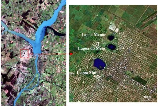 Figura 2.3 - Imagens LANDSAT (NASA, 2002).  Posição da Lagoa do Meio relativamente ao  núcleo urbano três-lagoense na região do alto curso do Rio Paraná