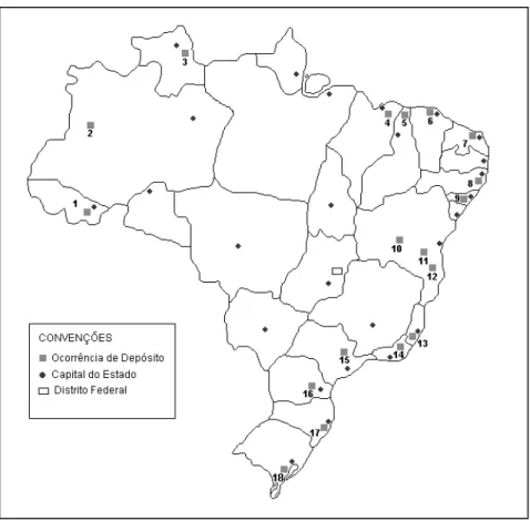 Figura 3.3 -  Depósitos de diatomitos  no Brasil. 1) Alto Rio Branco, AC.; 2) Santo Antônio do Içá,  AM; 3) Tutóia, MA.;  4) Parnaíba, PI.;  5) Aracati, CE