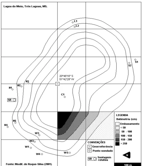 Figura 4.1 – Lagoa do Meio: Batimetria e localização relativa dos pontos de amostragem.