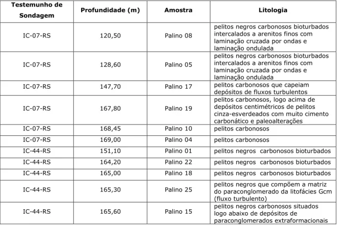 Tabela 3 – Localização das amostras utilizadas para análise micropaleontológica e suas litologias