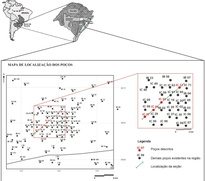 Figura 6 – Mapa de localização dos testemunhos de sondagem da malha de carvão Iruí Norte, destacando a seção analisada  neste estudo (modificado de Aboarrage &amp; Lopes 1986)