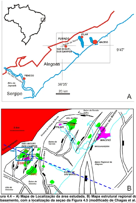 Figura 4.4 – A) Mapa de Localização da área estudada, B) Mapa estrutural regional do  embasamento, com a localização da seçao da Figura 4.5 (modificado de Chagas et al.,  1993 e Chiossi, 1997)