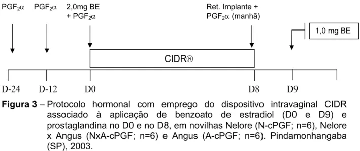 Figura 3  –  Protocolo hormonal com emprego do dispositivo intravaginal CIDR  associado à aplicação de benzoato de estradiol (D0 e D9) e  prostaglandina no D0 e no D8, em novilhas Nelore (N-cPGF; n=6), Nelore  x  Angus (NxA-cPGF; n=6) e Angus (A-cPGF; n=6)