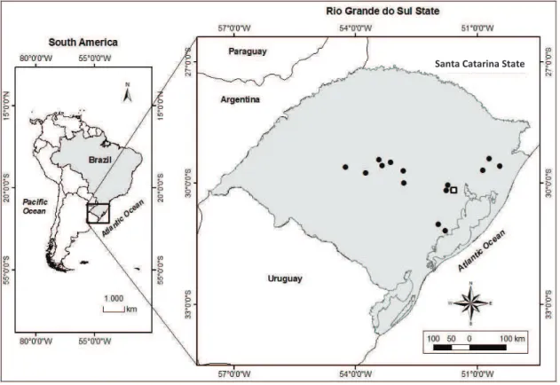 Fig. 1.  Location  of  the  field  study  area  (□)  and  regional  studies  used  for  comparative  purposes (●) in southern Brazil (see text for details)