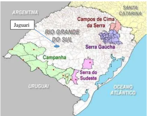 Figura 1 - Mapa do Rio Grande do Sul com as principais regiões vitícolas e o município de Jaguari, local da  pesquisa  