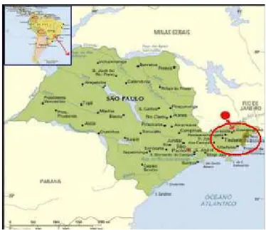 Figura 6 –Mapa do estado de São Paulo com indicação da localização da região do Vale do Paraíba  Fonte: (Plano de Saneamento Básico de Limpeza Pública e Manejo de Resíduos Sólidos de 