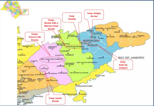 Figura 8 – Mapa da localização das cooperativas da rede CATAVALE  Elaboração: (autor)  Coop