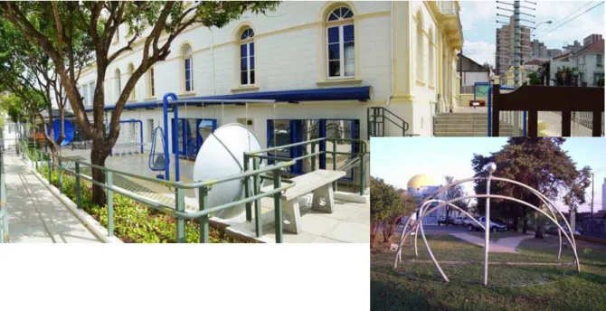 Figura 2 – Fotos do CDCC/USP, com destaque para sua área externa (Jardim da percepção) e o  Observatório Astronômico e o Centro de Divulgação da Astronomia (CDA), instalados no campus I da  USP de São Carlos