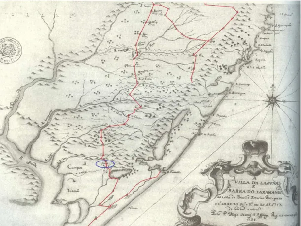 Figura 2: Os velhos caminhos do Rio Grande do Sul no início do século XVIII.  Mapa: A Villa da  Laguna e Barra do Taramandi na costa do Brazil e América Portugueza