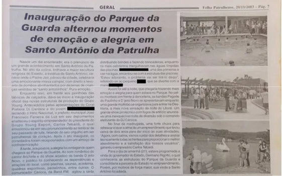 Figura 6: Reportagem do Jornal Folha Patrulhense de 20/11/2003,   comentando a inauguração do Parque da Guarda