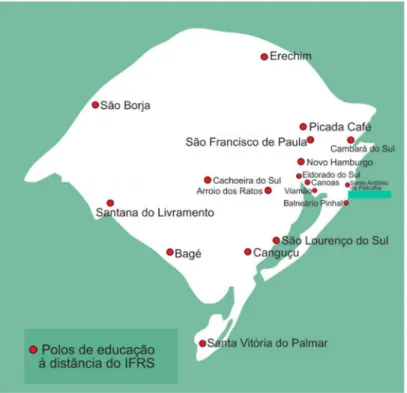 Figura 1 - Mapa da localização dos polos de apoio presencial vinculados ao IFRS, no estado do RS  Fonte: ead.ifrs.edu.br 