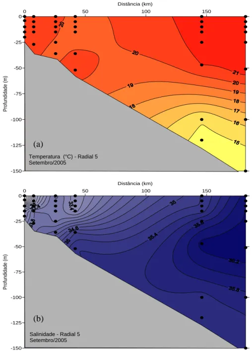 Figura 4.1.4 - Perfis batimétricos de temperatura (°C) (a) e salinidade (b) da radial 5  (região central da área estudada) da rede hidrográfica realizada no  período de  20 a 25 de setembro de 2005