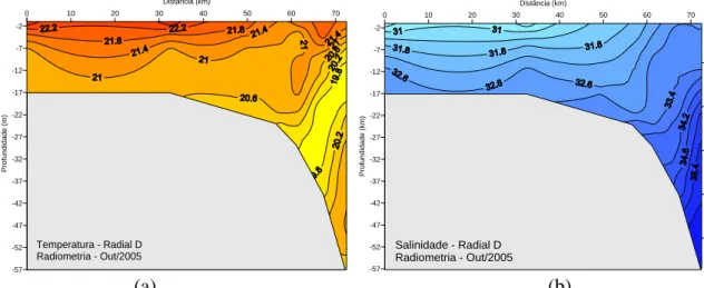 Figura 4.1.18 – Distribuição vertical da temperatura (ºC) (a) e salinidade (b) na radial D   (estações 17 a 23) da rede de radiometria realizada no período de  12 a  15 de outubro de 2005