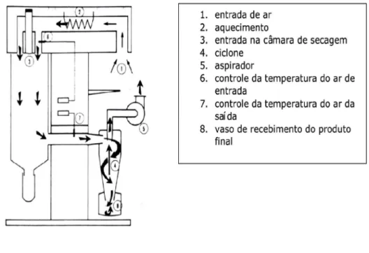 Figura 10. Esquema do Mini Spray Dryer BUCHI B-290 e do fluxo do ar de  secagem (LANNES; MEDEIROS, 2003; BUCHI, 2009)