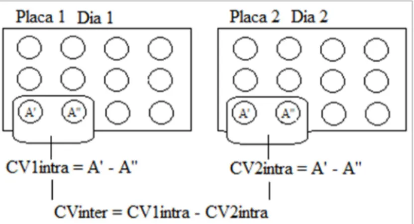 Figura  5  -  Esquema  de  simplificado  do  cálculo  do  coeficiente  de  variação (CV) intra-ensaio e interensaio