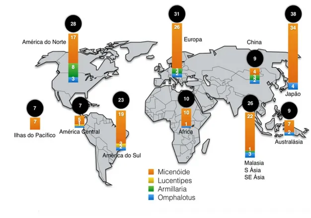 Figura  2:  Distribuição  das  102  espécies  de  fungos  bioluminescentes  existentes  no  Brasil e no mundo até 2016