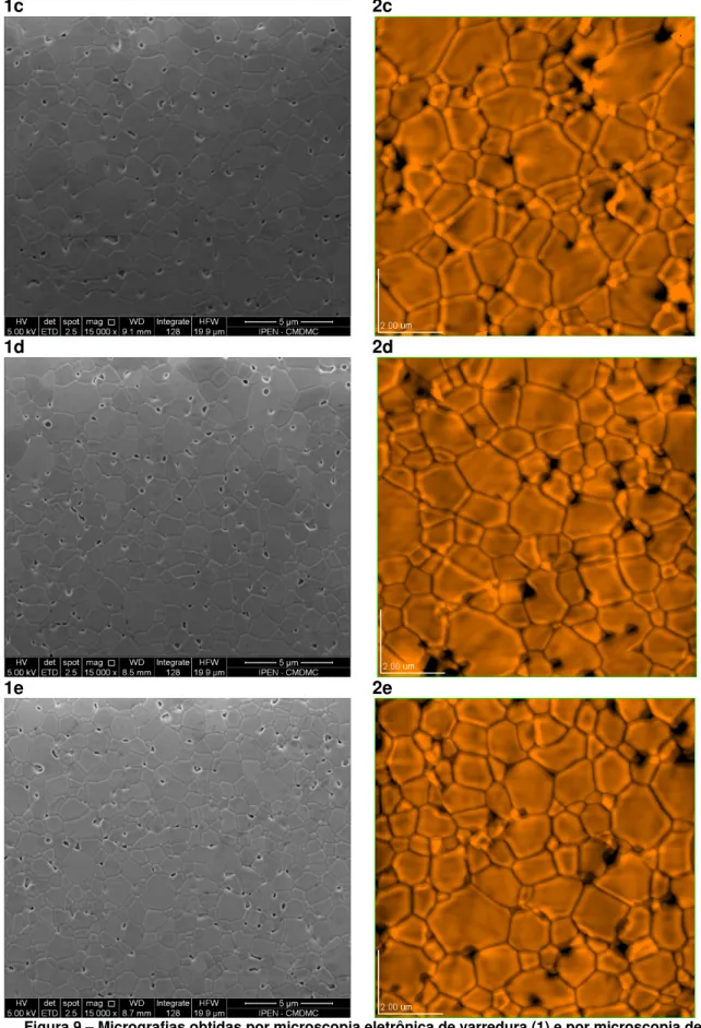 Figura 9 – Micrografias obtidas por microscopia eletrônica de varredura (1) e por microscopia de  varredura por sonda (2) de ZrO 2 : 8 mol% Y 2 O 3  + x peso% de KI, x = 0 (a), 1 (b), 2 (c), 5 (d), 10 (e).