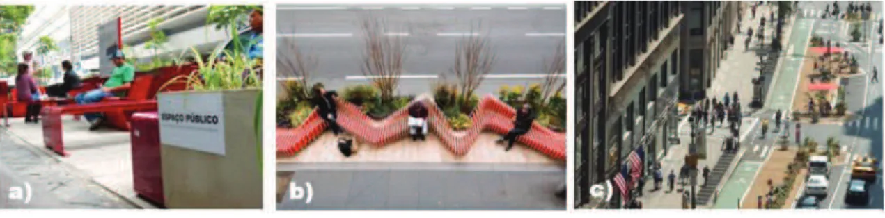 Figura 19 – Parklets: a) Jardins, São Paulo; b) Londres, Inglaterra;  e c) Nova Iorque,  Estados Unidos, propõem outras formas de ampliar o espaço público 