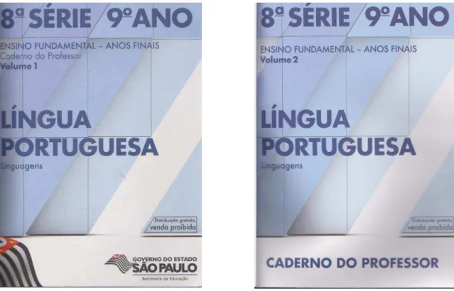 Figura 5: Capa dos Cadernos do Professor de Língua Portuguesa - 8ª série-9º ano, volumes 1 e 2, nova  edição 2014-2017