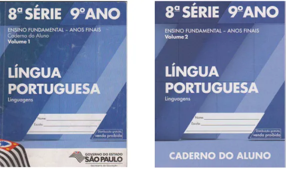 Figura  6:  Capas  dos  Cadernos  do  aluno  de  Língua  Portuguesa,  volumes  1  e  2,  nova  edição  2014-2017
