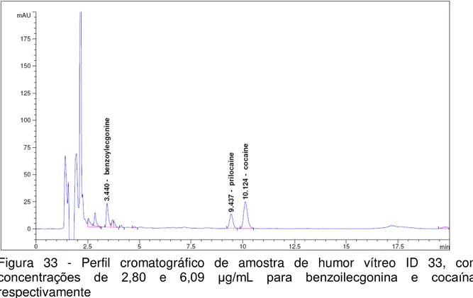 Figura  33  -  Perfil  cromatográfico  de  amostra  de  humor  vítreo  ID  33,  com  concentrações  de  2,80  e  6,09  µg/mL  para  benzoilecgonina  e  cocaína,  respectivamente 