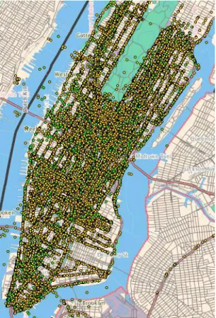 Figura 2 – Mapa das redes WiFi detectadas na ilha de Manhattan.  (WIGLE) 