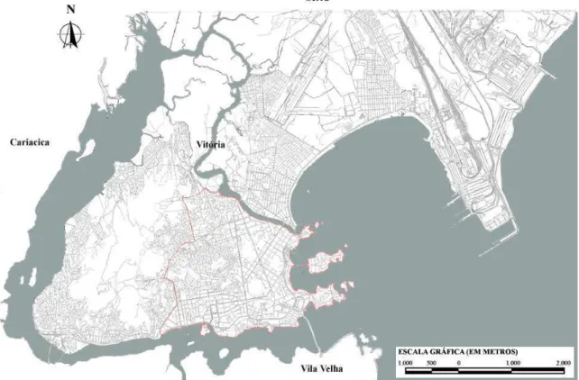 Figura  12-  Mapa  do  Município  de  Vitória  na  sua  conformação  atual,  com  delimitação  da  região  do  Novo  Arrabalde  e  entorno