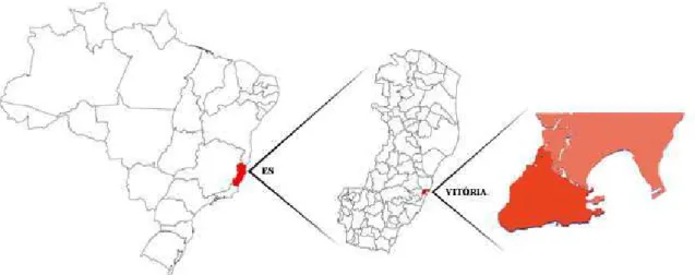 Figura 1 – Localização de Vitória no contexto estadual e nacional.  Fonte: Prefeitura Municipal de Vitória