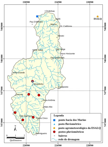 Figura 2 - Localização dos postos pluviométricos, vertedor e ponto final da bacia dos  Marins utilizados para a estimativa das vazões naturais 