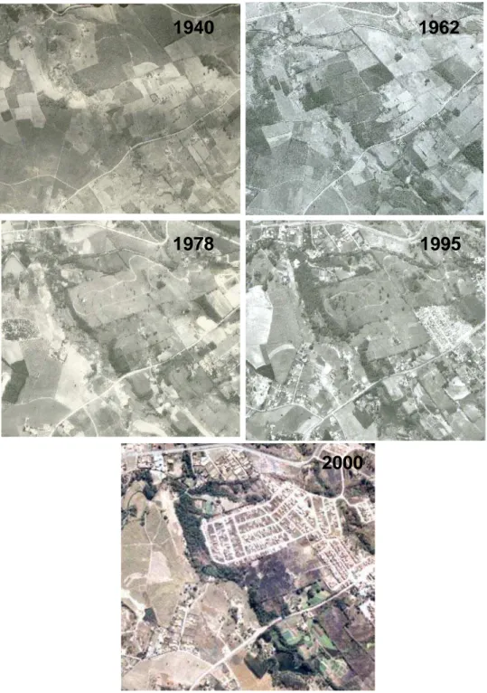 Figura 9 - Fotografias aéreas de 1940, 1962, 1978, 1995 e 2000 mostrando o processo de  urbanização de uma área da bacia do ribeirão dos Marins 