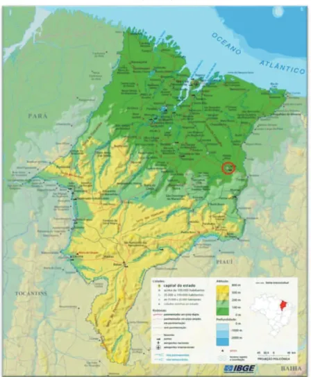 Figura 2 - Mapa de localização de Caxias, indicada pelo círculo  vermelho. 