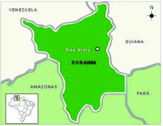 Figura 5  –  Mapa do estado de Roraima apresentando a sua localização no mapa do  Brasil e suas fronteiras nacionais e internacionais