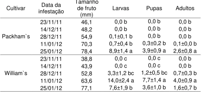 Tabela  3  -  Número  médio  ±  (EP)  de  larvas,  pupas  e  adultos  de  Anastrepha  fraterculus  obtidos  em  frutos  de  pera  das  cultivares  Packham`s  e  William`s  infestados no período de 23/11/11 a 25/01/12 em laboratório