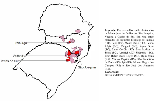 Figura 1. Mapa da região sul do Brasil, mostrando em destaque a localização dos principais  municípios produtores de maçã (BNDES, 2010)