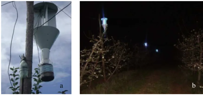 Figura 2. Armadilha  luminosa modelo “Luiz de Queiróz” adaptada instalada em pomar de  macieira (a)