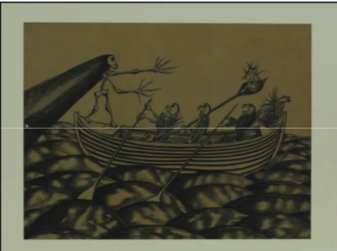 Figura 10: As Bruxas Roubam a Lancha Baleeira de um Pescador da Ilha de Santa Catarina – Sem data –  Nanquim sobre papel – 52,5 x 71,0 cm – Acervo do Museu Universitário Professor Oswaldo Rodrigues 