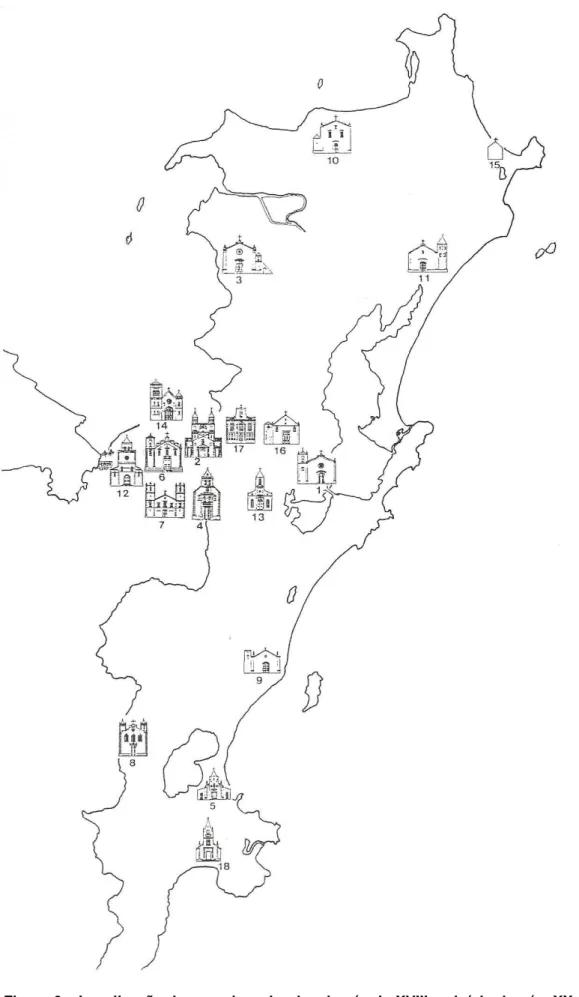 Figura 6 – Localização das capelas e igrejas do século XVIII ao início do séc. XX na Ilha  de Santa Catarina 