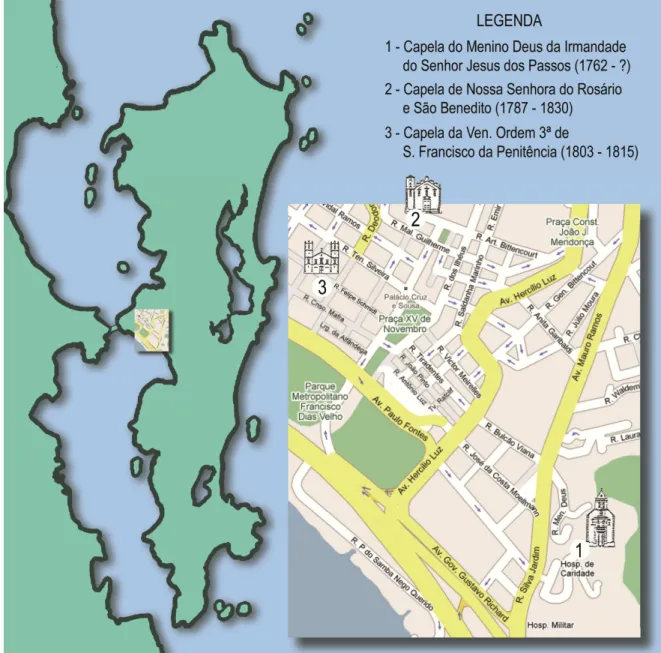 Figura 8 – Localização das capelas em mapa atual  Baseado em Salles (1994) 