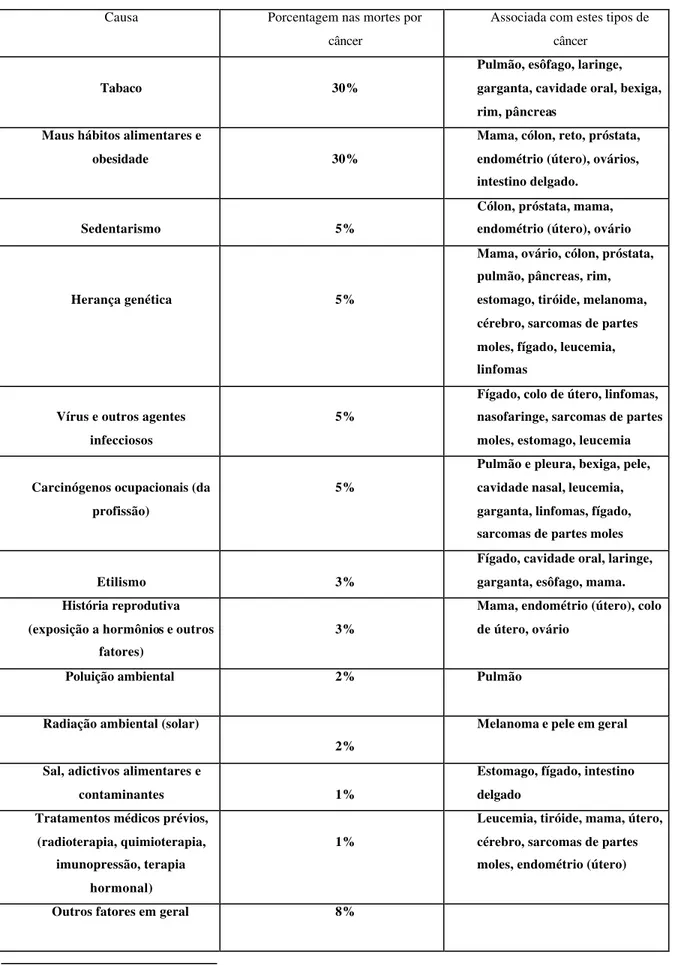 Tabela dos diversos tipos de câncer, causa e porcentagem 7