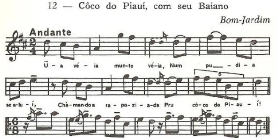 Figura 4: Coco do Piauí, com seu Baiano, exemplo de canção/toada seguida de baiano. Reproduzido a partir de Andrade  (1982, p