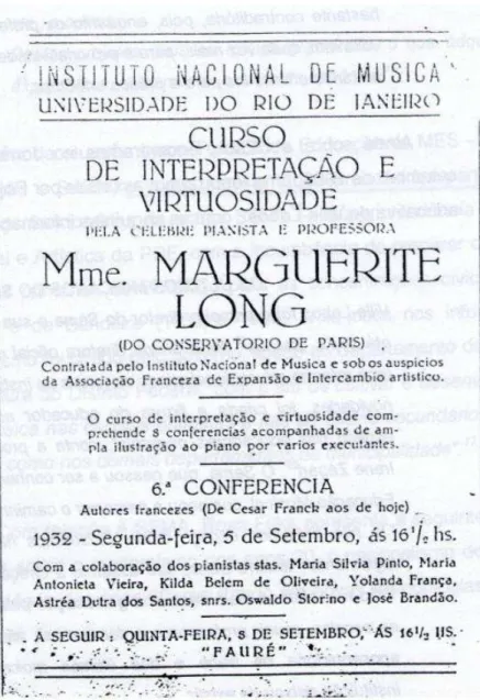Figura 1: Capa do Programa da 6ª Conferência realizada por Marguerite Long (Fonte: SANTOS, 2003) 
