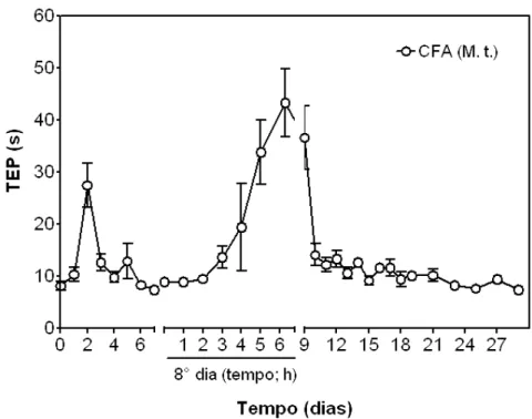 GRÁFICO 1 - (EXP 1) Efeito de duas administrações intra-articulares (0 e 8° dia) na TF, com 50 μL (1  mg/mL) de CFA contendo Mycobacterium tuberculosis, na incapacitação articular de ratos machos (n=6)