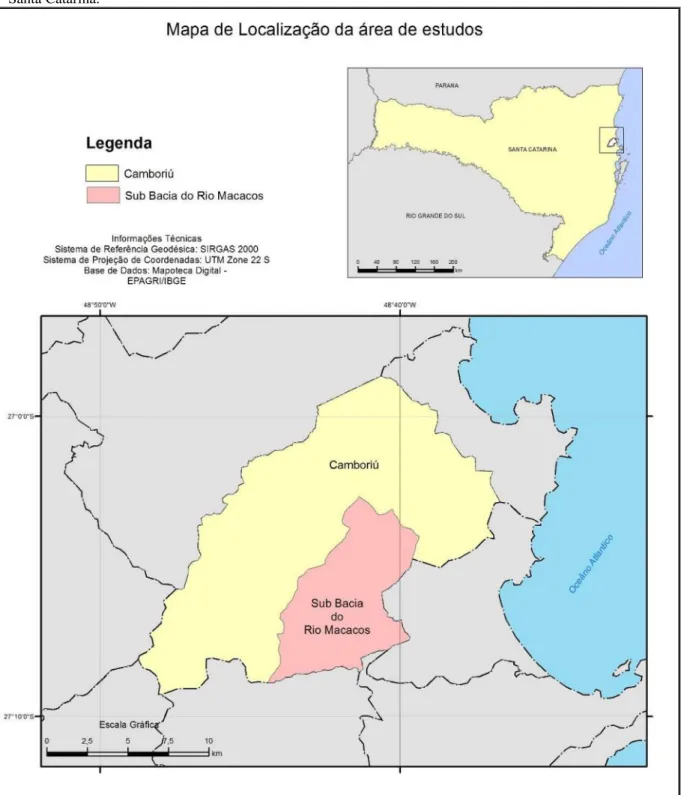 Figura 2 – Mapa de Localização da área de estudos – Sub bacia Rio dos Macacos. Município de Camboriú – Santa Catarina.