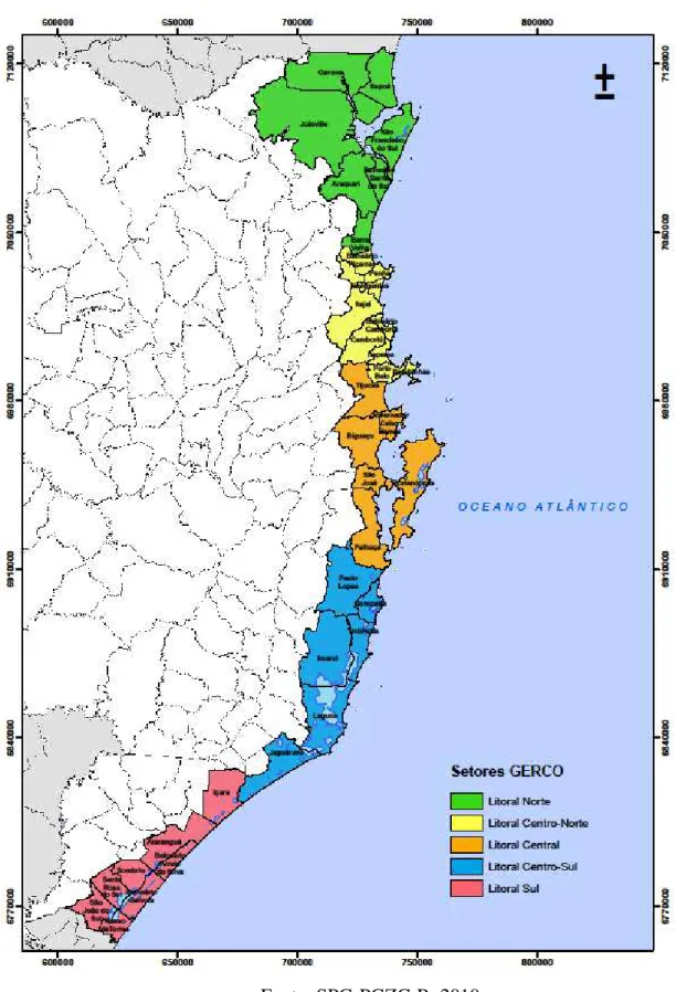Figura 2 – Universo da pesquisa: municípios componentes do Plano Estadual de  Gerenciamento Costeiro de Santa Catarina (Fonte: PEGC-SC, 2010)