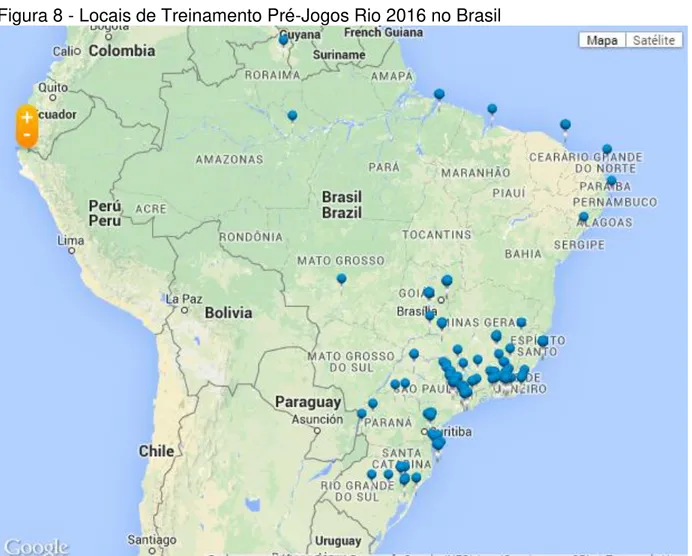 Figura 8 - Locais de Treinamento Pré-Jogos Rio 2016 no Brasil 